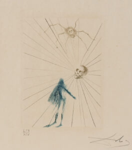 Hamlet by Salvador Dalí is a surreal etching featuring a skeletal figure radiating thin black lines outward like beams of light. Above the skull hovers a spider-like creature with a skull-shaped body suspended on delicate web strands. At the bottom of the composition, a loosely sketched blue human figure appears to gesture toward the central skull. The sparse composition and fine linework create an eerie, dreamlike atmosphere associated with themes of mortality and psychological tension.